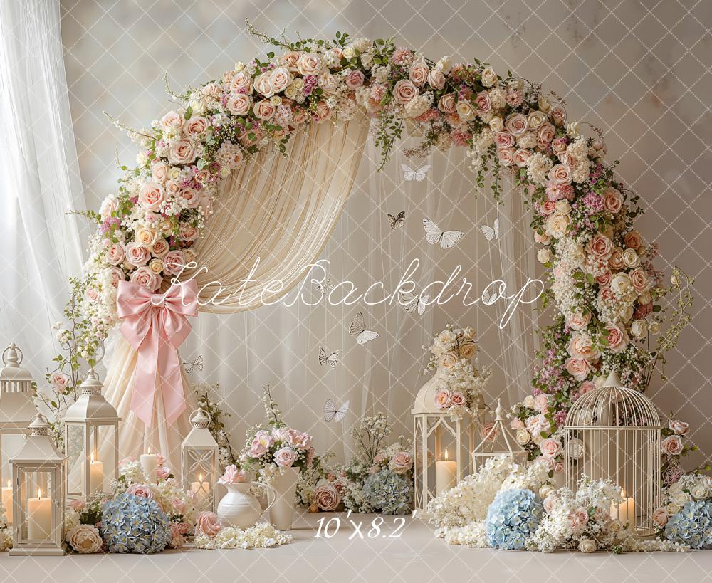 Kate Spring Flower Arch Butterflies Lanterns Birdcage Drapes Printed Backdrop Designed by Emetselch