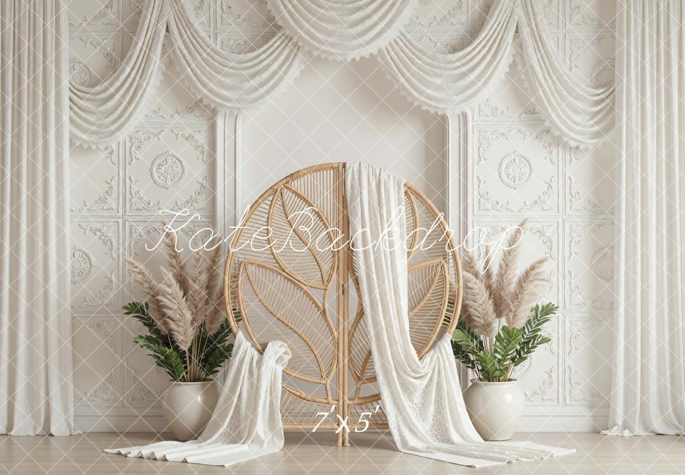 Kate Mother's Day Boho White Drapes Rattan Chair Pampas Grass Backdrop Designed by Mini MakeBelieve
