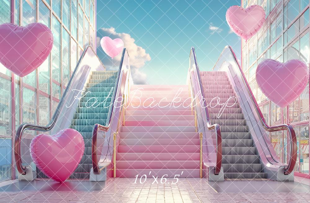 Kate Valentine's Day Pink Heart Balloons Escalator Stairs Backdrop Designed by Emetselch