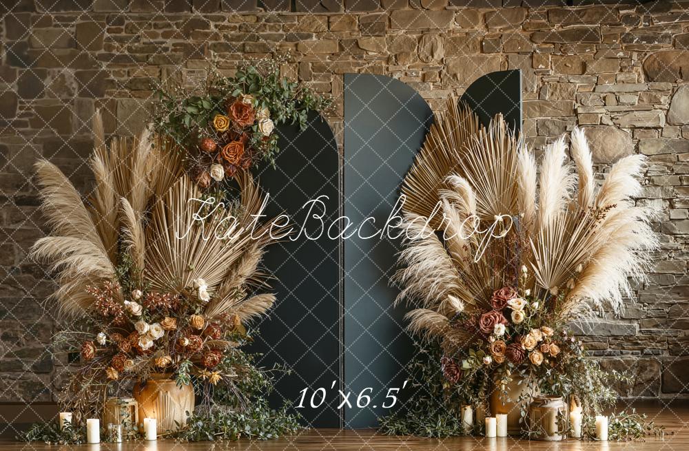 Kate Mother's Day Boho Pampas Grass Dried Flowers Stone Wall Backdrop Designed by Emetselch