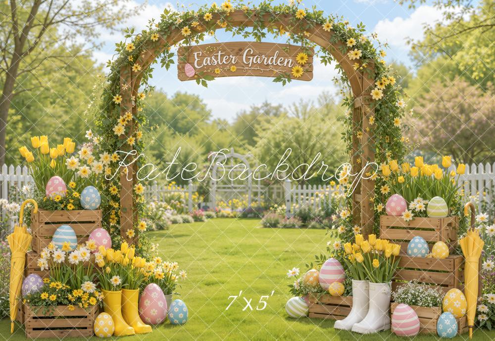 Kate Easter Garden Flower Arch Eggs Rain Boots Tulips Printed Backdrop Designed by Emetselch