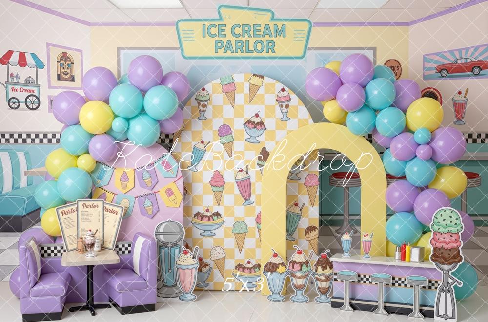 Kate Cake Smash Ice Cream Parlor Pastel Balloons Diner Booth Printed Backdrop Designed by Mini MakeBelieve
