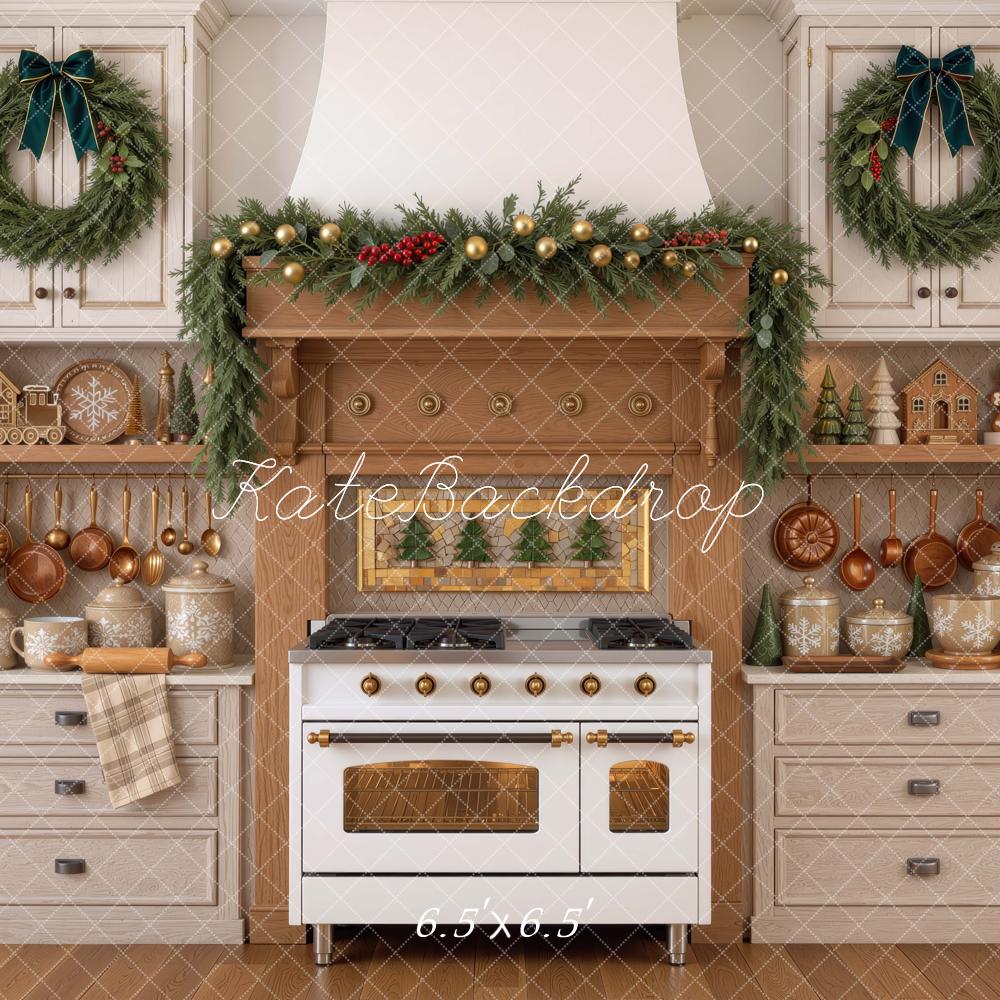 Kate Christmas Kitchen Cabinet Rustic Stove Garland Wreath Printed Backdrop Designed by Mini MakeBelieve