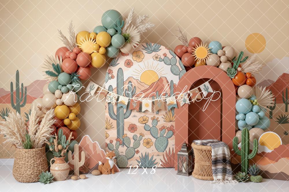 Kate Cake Smash Boho Desert Cactus Sun Balloons Printed Backdrop Designed by Mini MakeBelieve