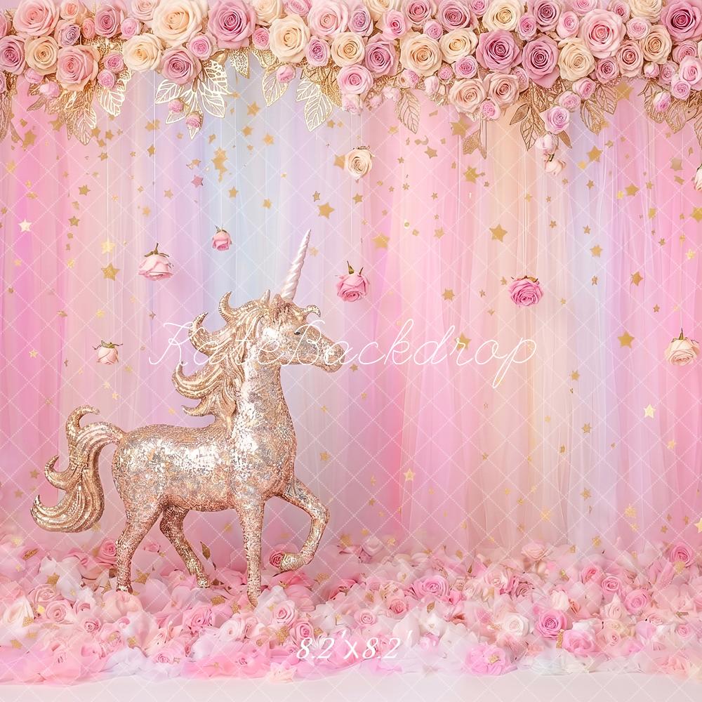 Kate Fantasy Cake Smash Gold Unicorn Pink Rose Curtains Printed Backdrop Designed by Angela Miller