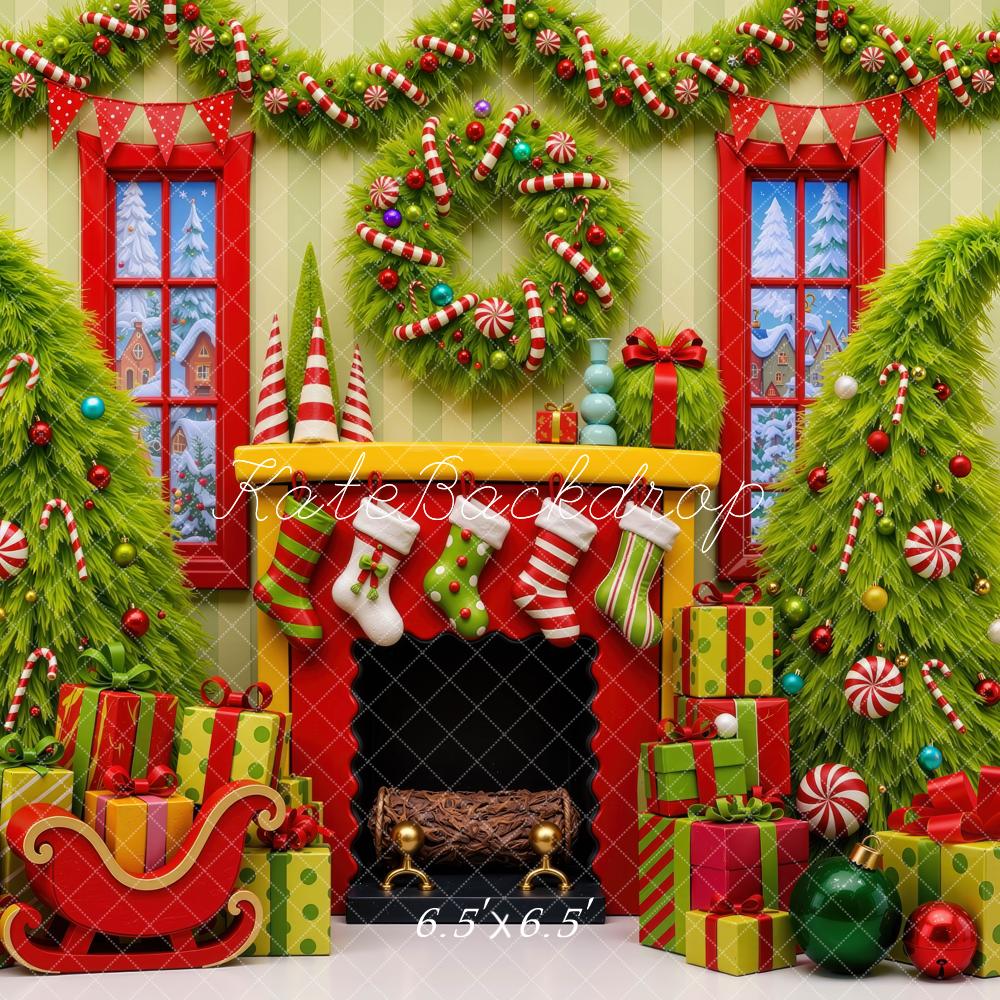 Kate Christmas Whimsical Fireplace Trees Presents Green Wall Printed Backdrop Designed by Mini MakeBelieve