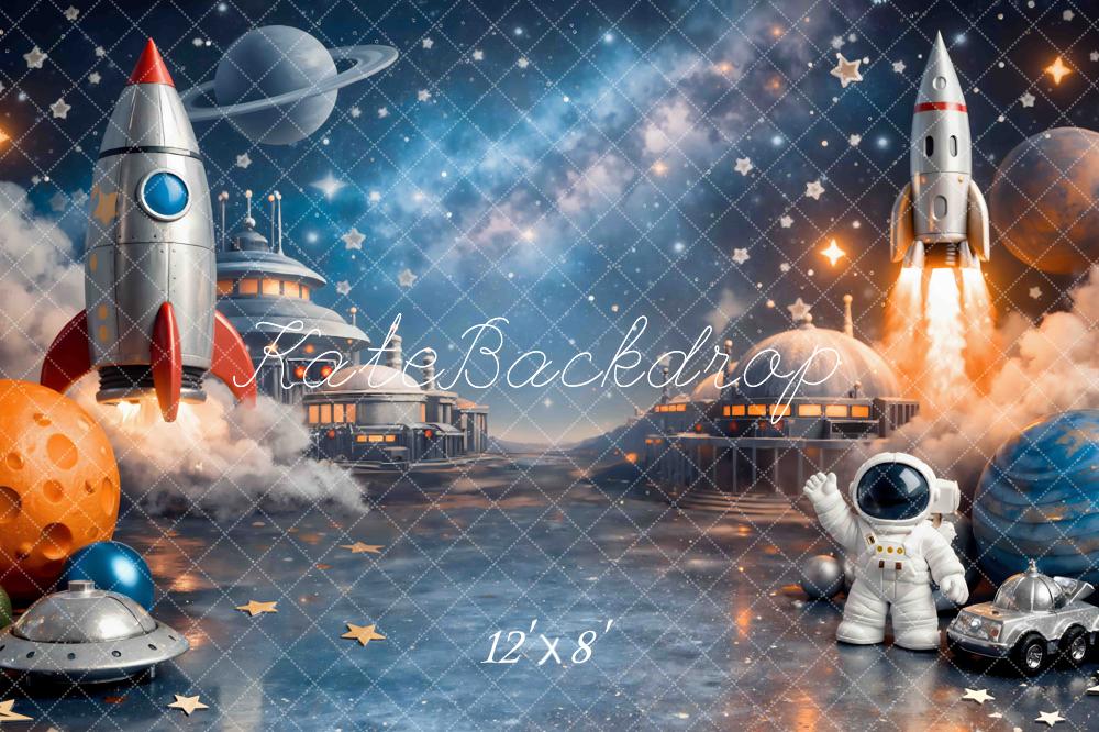 Kate Space Rocket Astronaut Planets Starry Sky Printed Backdrop Designed by Mini MakeBelieve