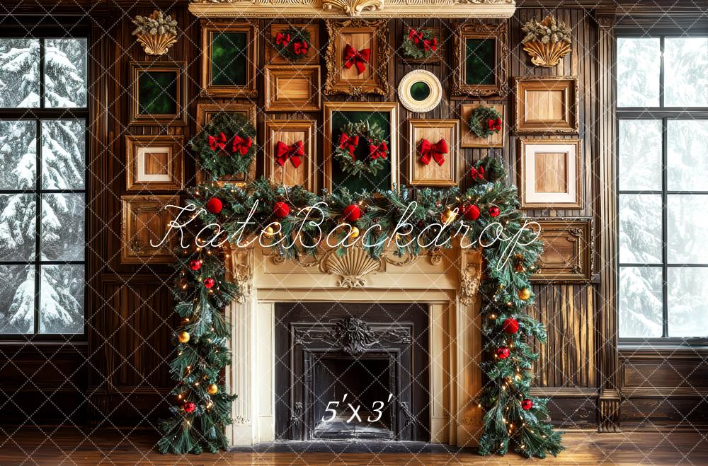 Kate Christmas Fireplace Garland Vintage Picture Frames Printed Backdrop Designed by Mini MakeBelieve
