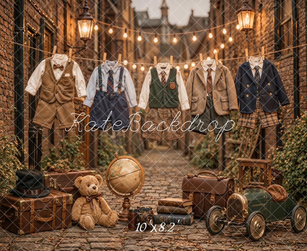 Kate Vintage Alleyway Boys Outfits Teddy Bear Suitcases Toy Car Printed Backdrop Designed by Emetselch