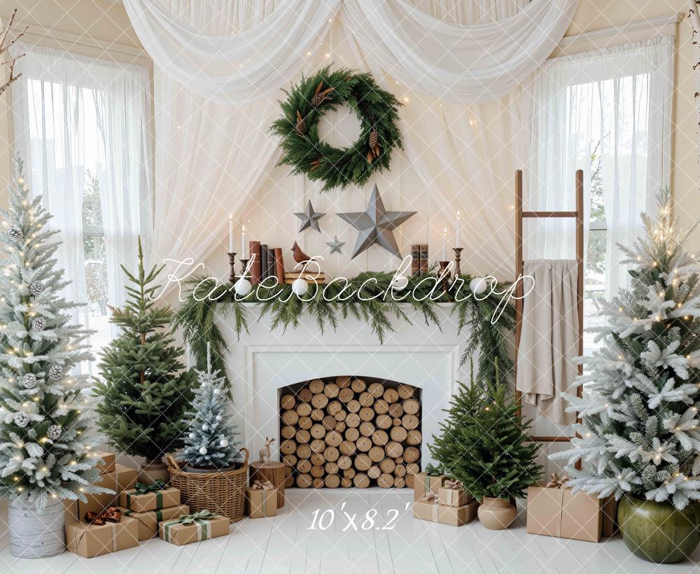Kate Christmas Fireplace White Pine Trees Drapes Wreath Gifts Printed Backdrop Designed by Mini MakeBelieve