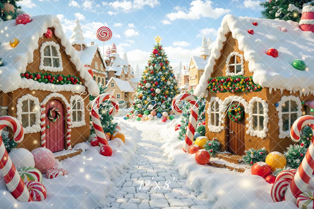 Kate Christmas Gingerbread Houses Village Candy Cane Christmas Tree Printed Backdrop Designed by Mini MakeBelieve