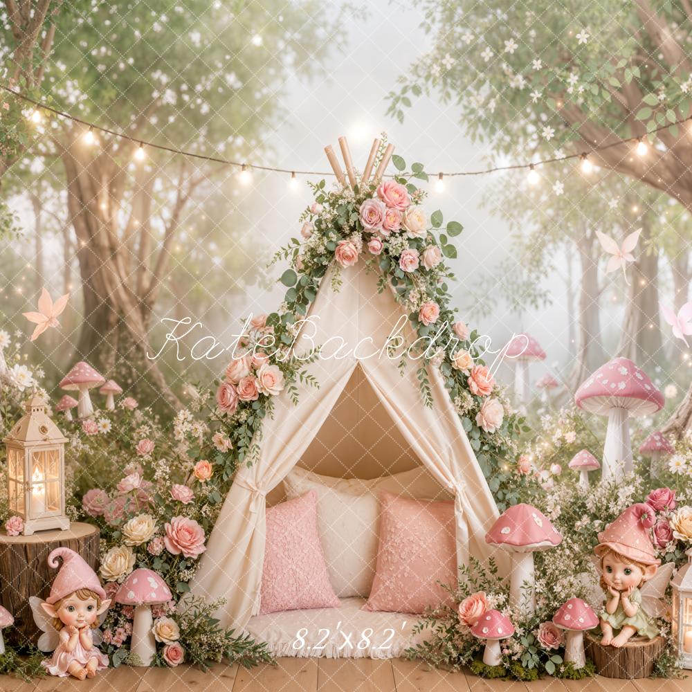 Kate Fairy Fantasy Tent Pink Mushrooms Flowers Forest Printed Backdrop Designed by Emetselch