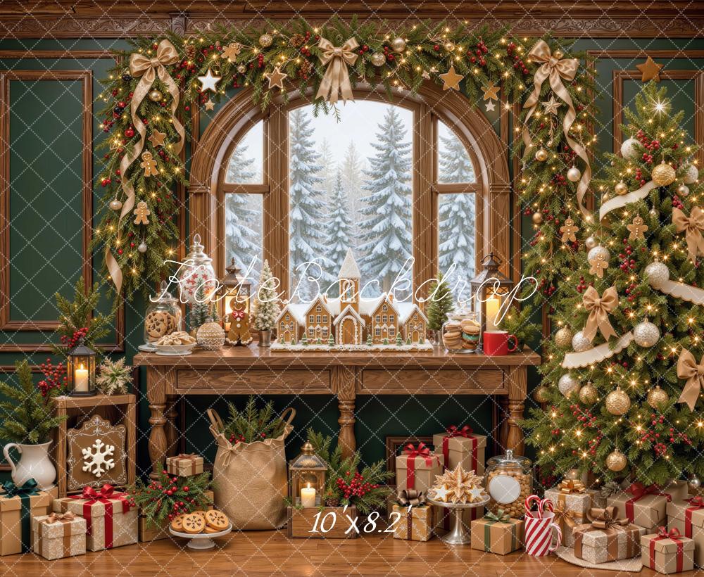 Kate Christmas Tree Arched Window Gingerbread Gifts Printed Backdrop Designed by Mini MakeBelieve