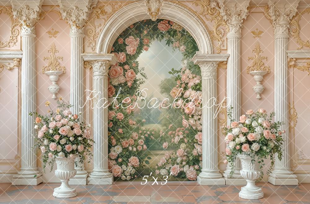 Kate Spring Floral Arch Ornate Columns Pink Roses Backdrop Designed by Emetselch