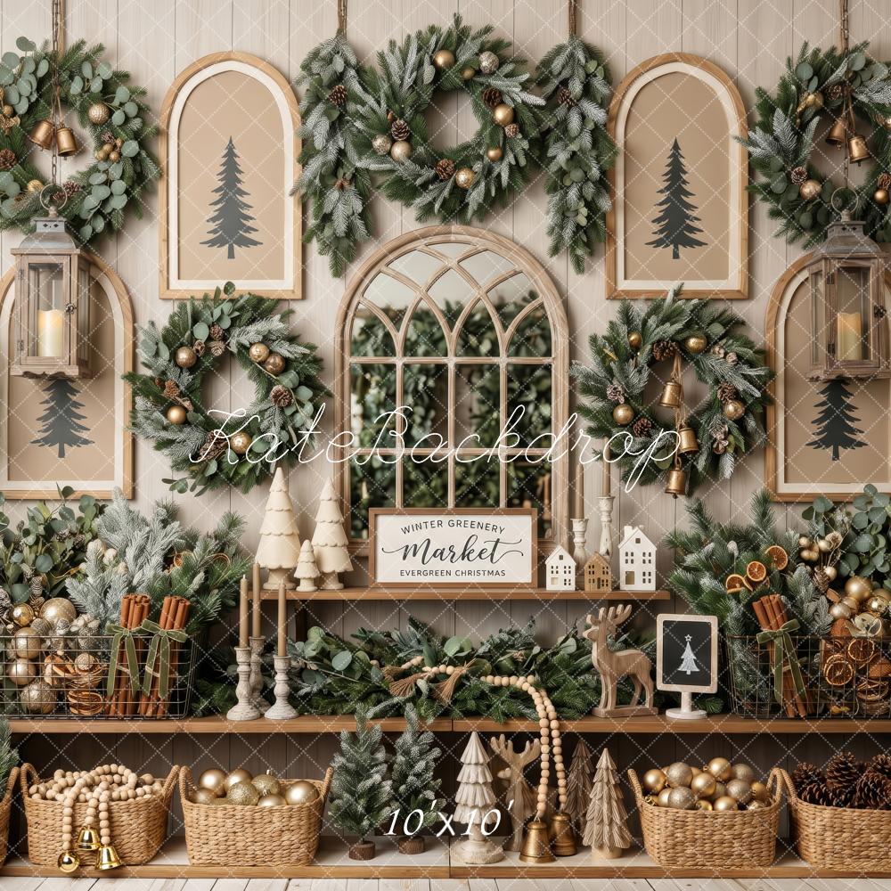 Kate Christmas Greenery Wreaths Lanterns Rustic Market Printed Backdrop Designed by Patty Roberts