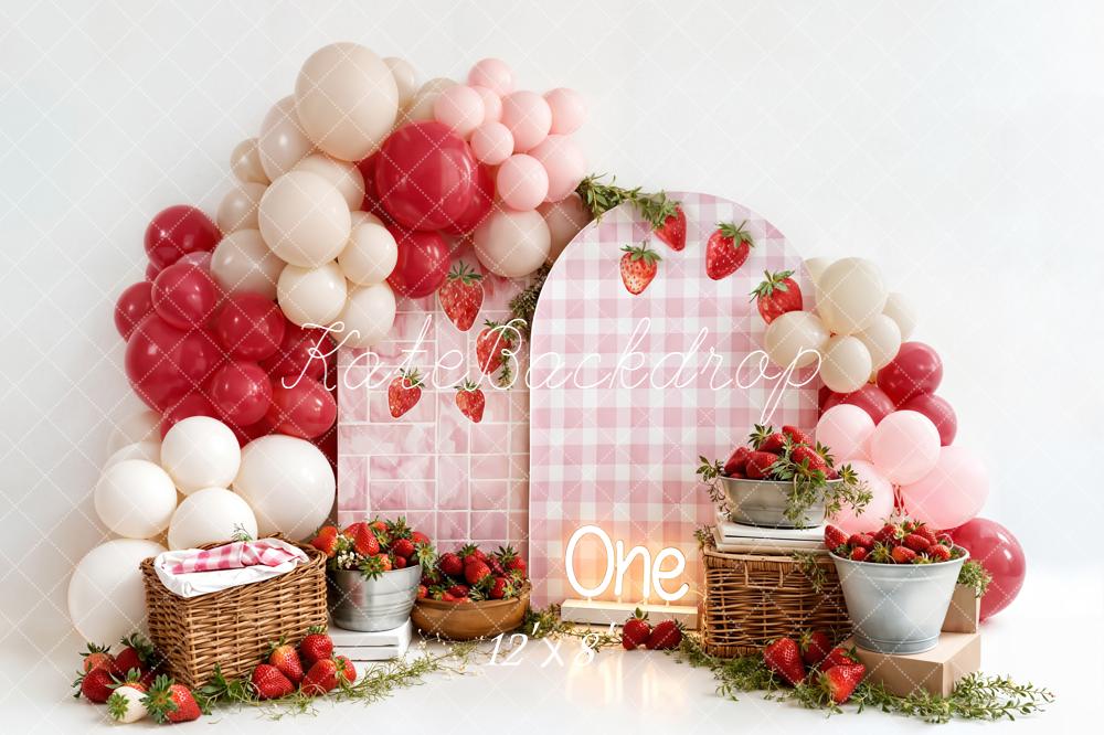 Kate Cake Smash Strawberry Picnic Balloons Pink Gingham Backdrop Designed by Emetselch