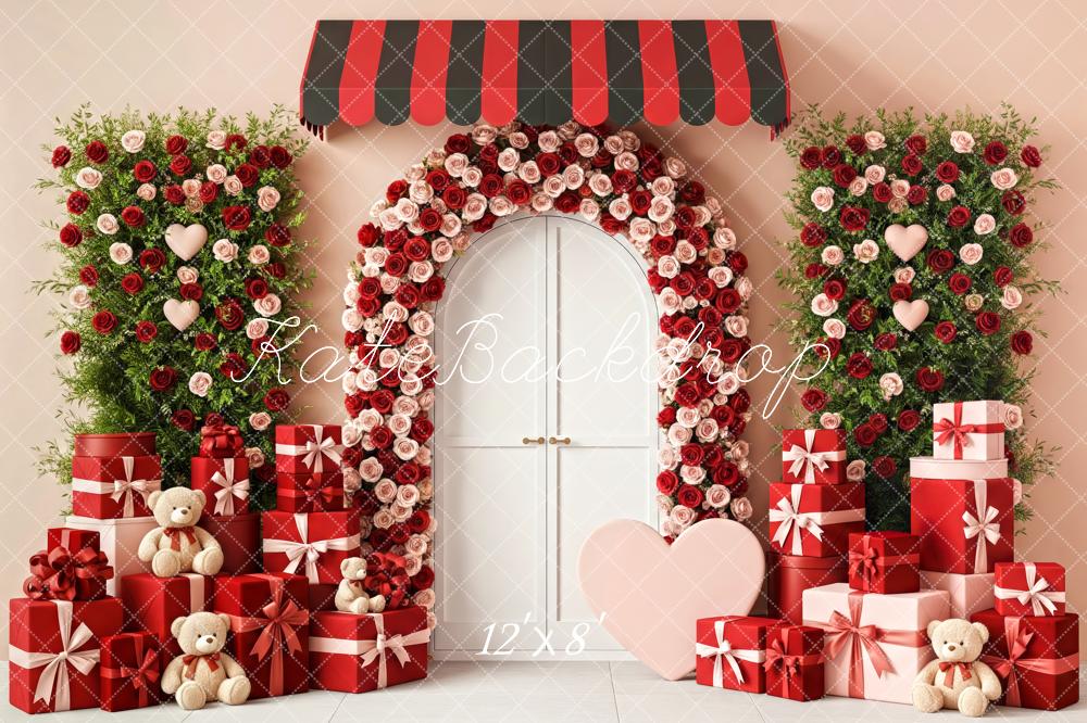 Kate Valentine's Day Flower Arch Red Gift Boxes Teddy Bears Backdrop Designed by Patty Roberts