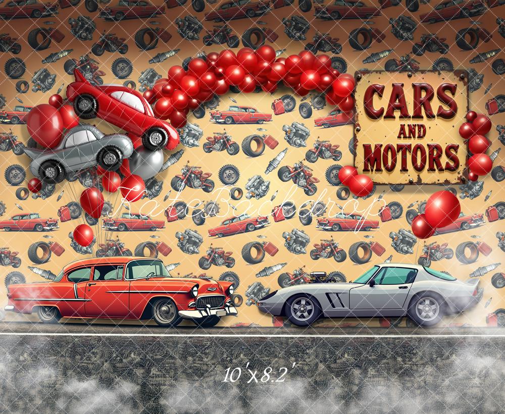 Kate Birthday Red Balloons Motors Vintage Car Motorcycle Printed Backdrop Designed by Laura Bybee
