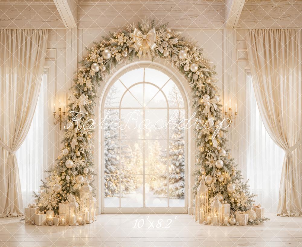 Kate Christmas Flower Arch Cream Window Presents Curtains Printed Backdrop Designed by Emetselch