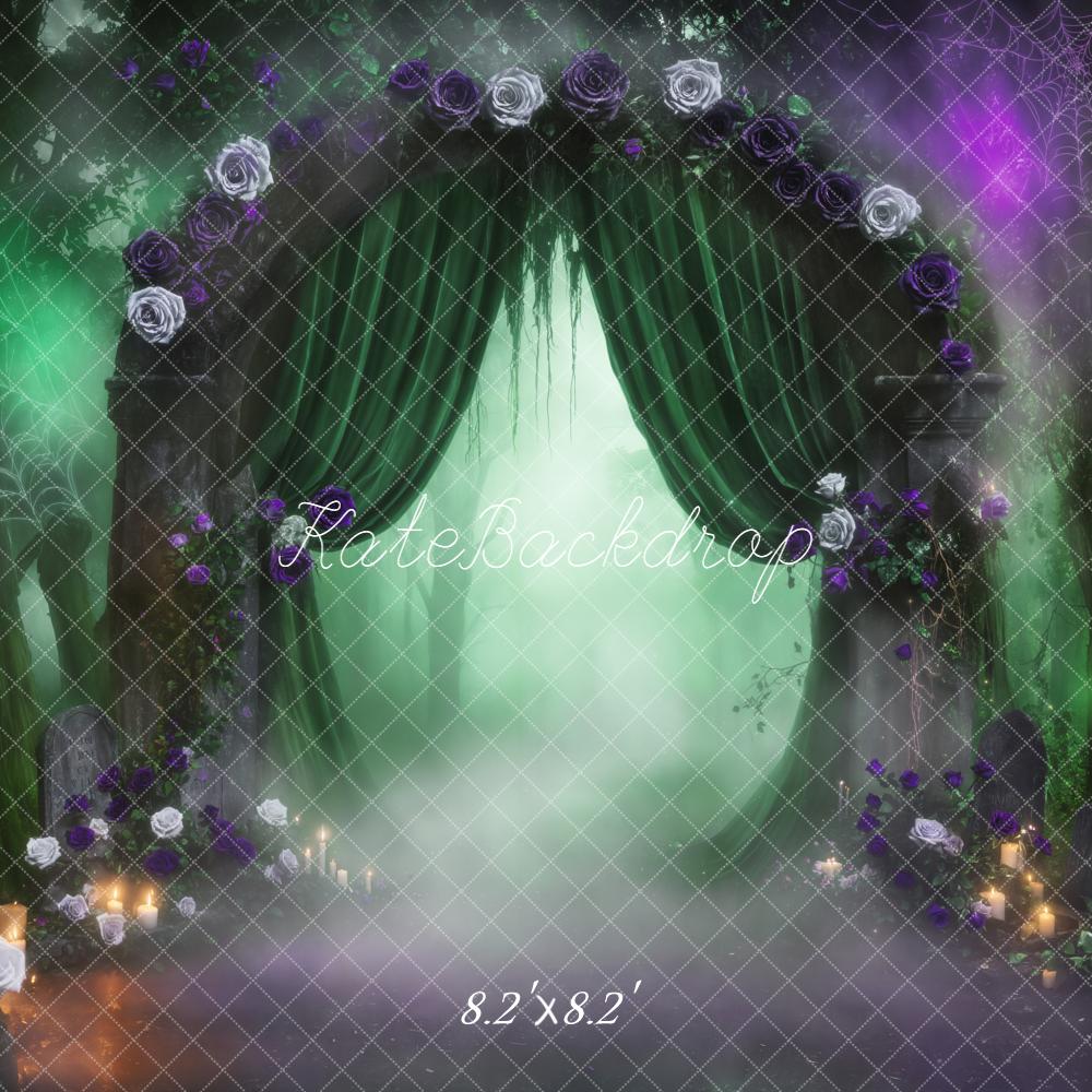Kate Halloween Gothic Misty Forest Arch Green Curtains Spiderweb Backdrop Designed by Emetselch