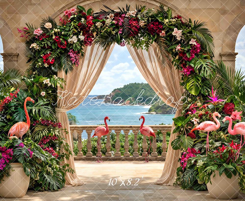 Kate Tropical Flower Arch Flamingos Ocean View Printed Backdrop Designed by Mini MakeBelieve