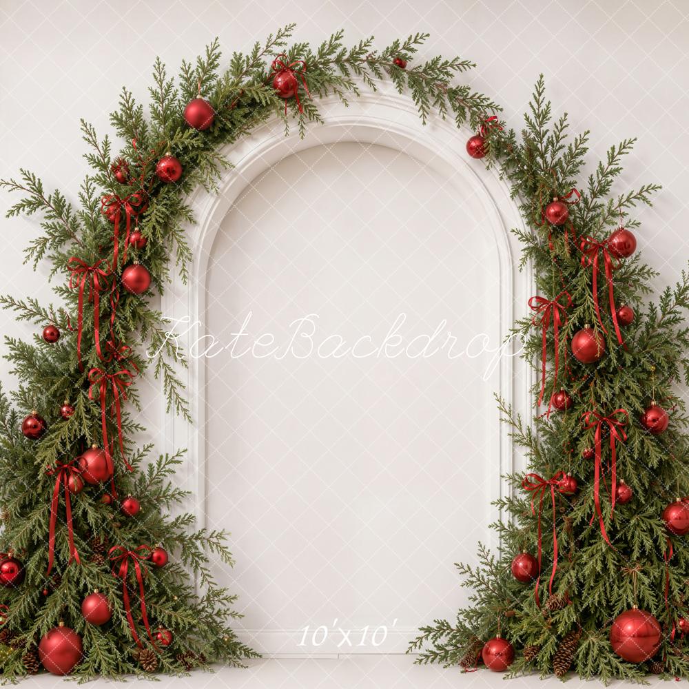 Kate Christmas Evergreen Garland Arch Red Bow Ribbon Printed Backdrop Designed by Emetselch