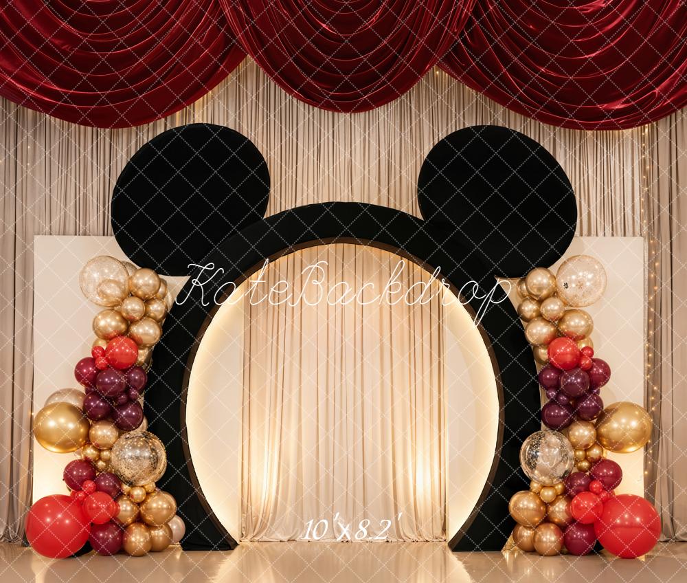 Kate Cake Smash Mouse Ears Balloon Arch Red Gold Drapes Backdrop Designed by Chain Photography