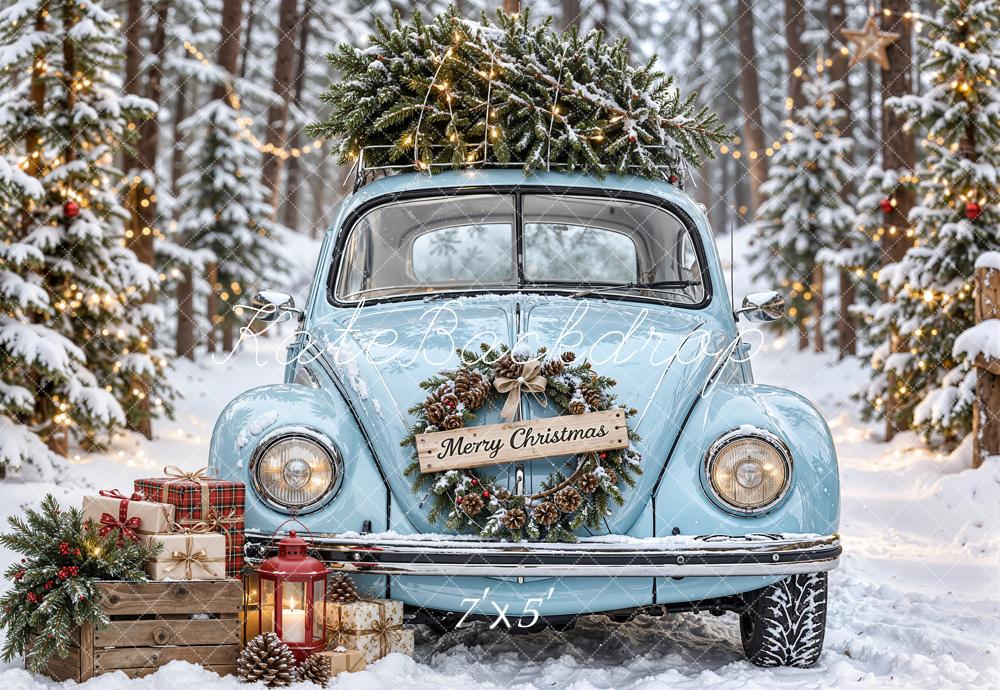 Kate Christmas Blue Vintage Truck Snowy Forest Wreath Printed Backdrop Designed by Emetselch