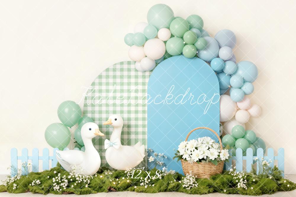 Kate Cake Smash Silly Goose Balloon Blue Arch Gingham Basket Flowers Backdrop Designed by Emetselch