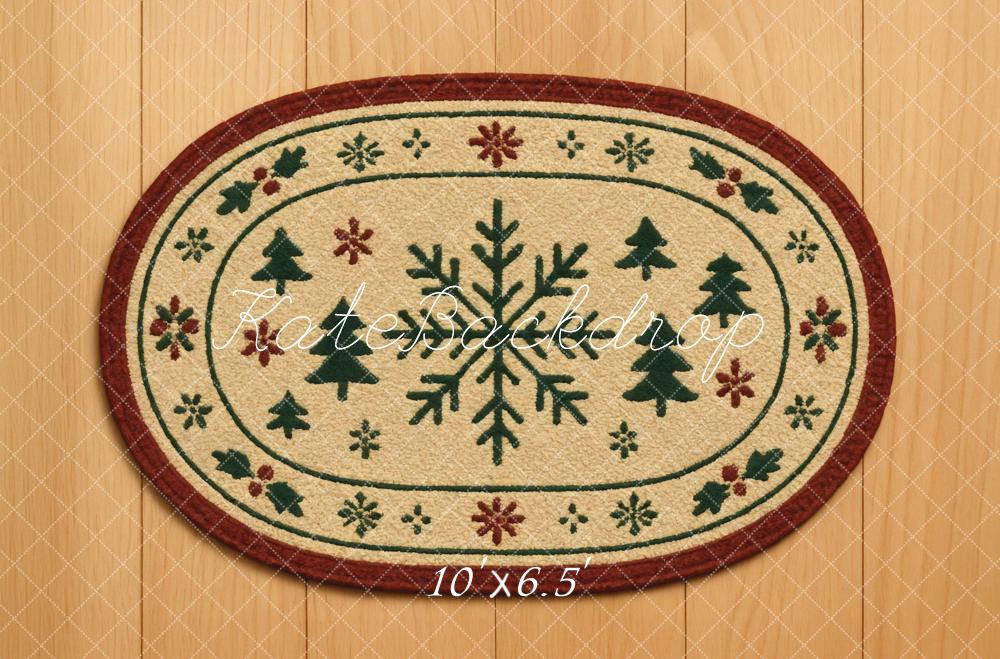 Kate Christmas Snowflake Pine Tree Oval Rug Wooden Printed Floor Backdrop Designed by Mini MakeBelieve