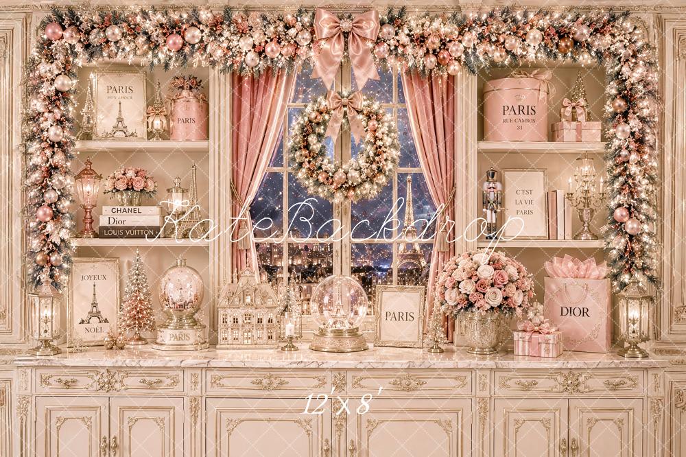 Kate Christmas Pink Paris Kitchen Cabinet Elegant Printed Backdrop Designed by Ashley Paul