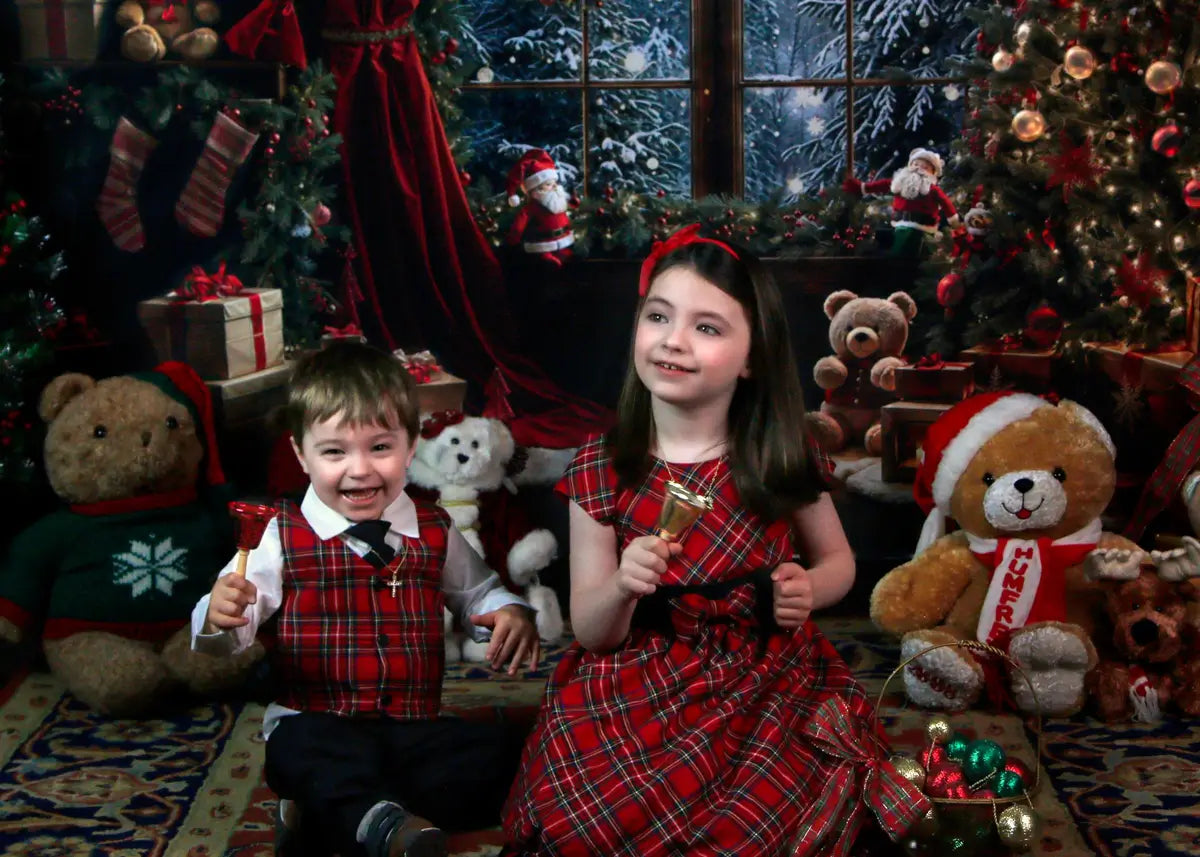 Kate Winter Christmas Teddy Bear Red Curtain Framed Window Backdrop Designed by Emetselch