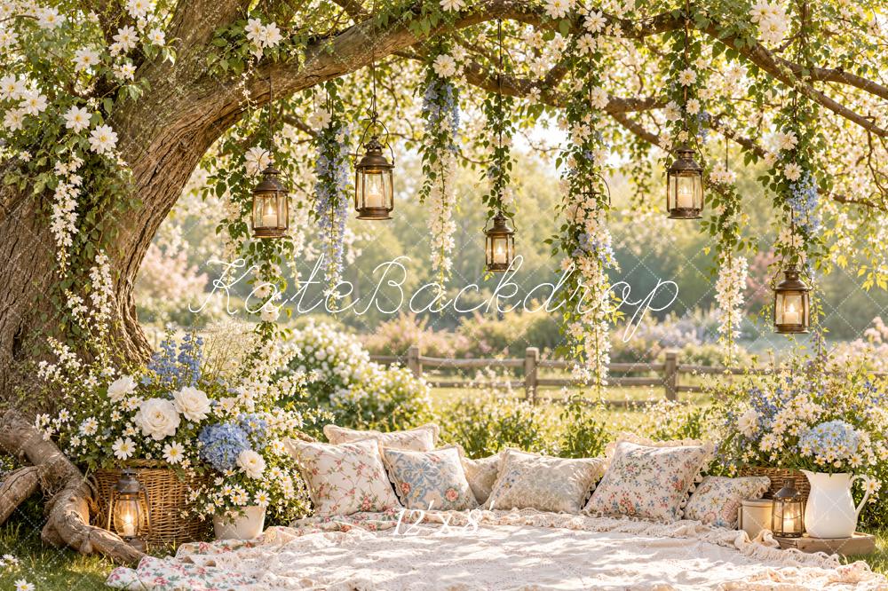 Kate Spring Branch Arch Floral Tree Picnic Hanging Lanterns Printed Backdrop Designed by Emetselch
