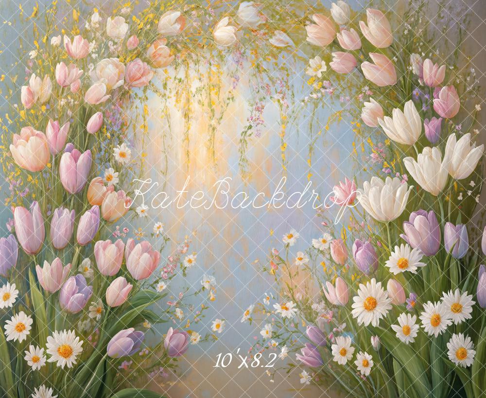 Kate Spring Watercolor Flower Arch Pastel Tulips Daisies Backdrop Designed by Emetselch