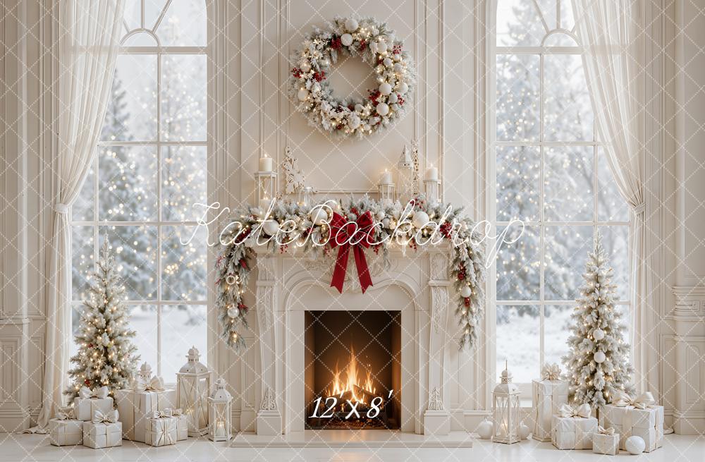 Kate Christmas Fireplace Wreath Trees Window Presents White Printed Backdrop Designed by Emetselch