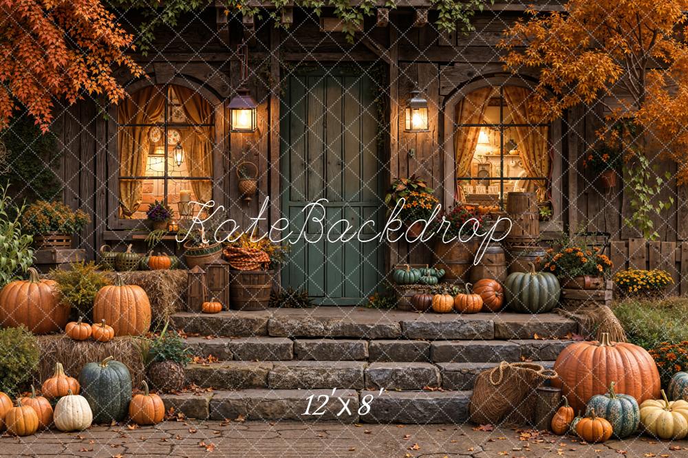 Kate Fall Pumpkins Rustic Porch Maple Trees Backdrop Designed by Emetselch