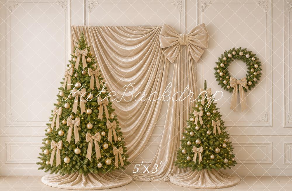 Kate Christmas Tree Gold Bow Wreath Draped Curtain Printed Backdrop Designed by Emetselch