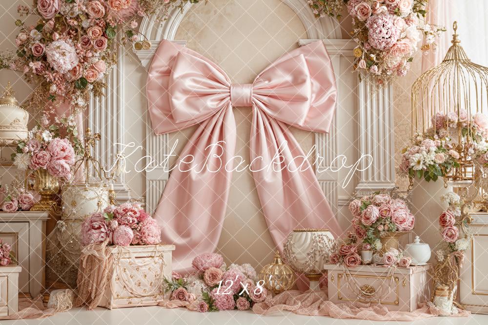 Kate Pink Bow Floral Arch Birdcage Printed Backdrop Designed by Emetselch