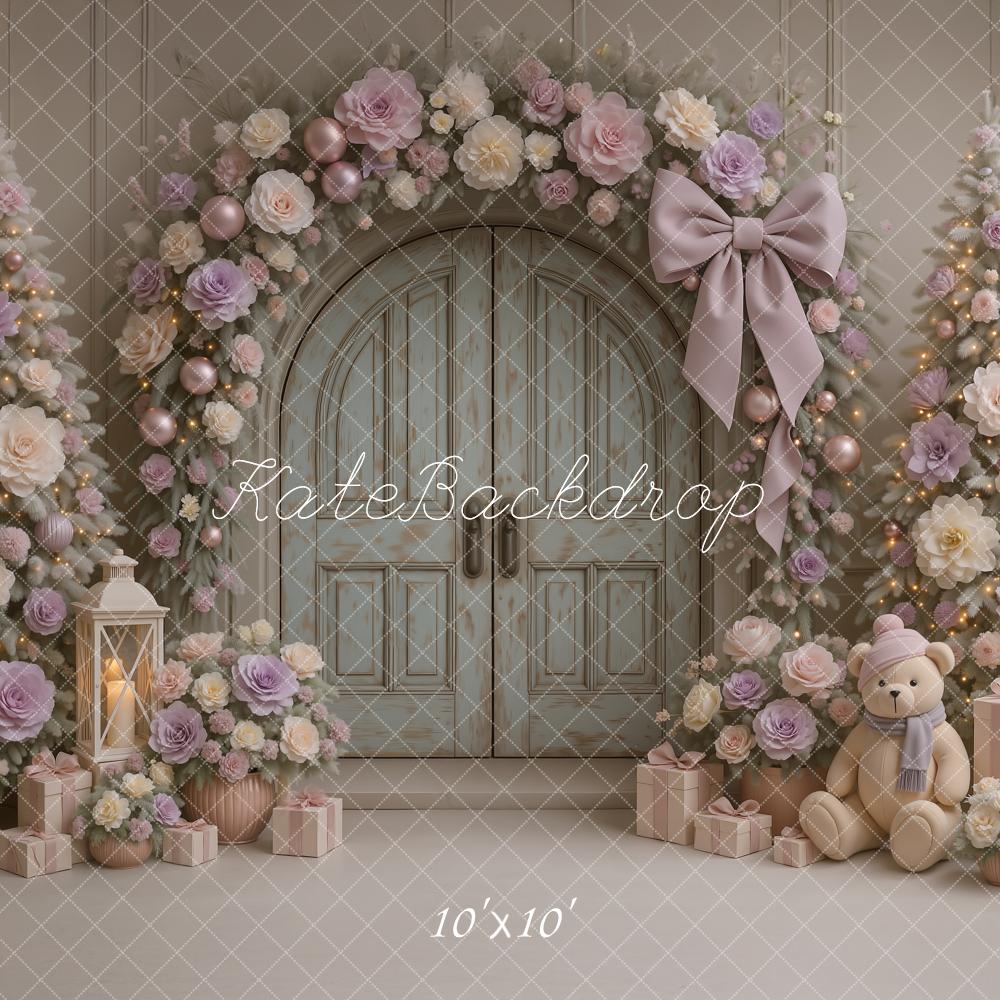 Kate Christmas Tree Pastel Purple Floral Arch Door Gift Teddy Bear Backdrop Designed by Ashley Paul