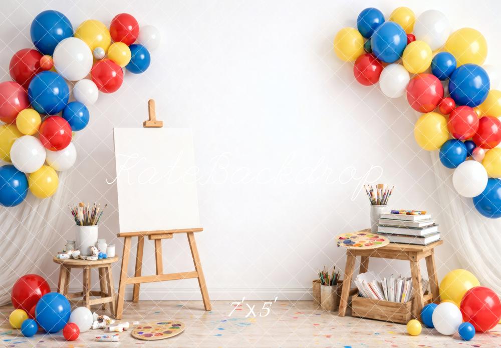 Kate Kids Art Studio Balloons Easel White Printed Backdrop Designed by Vertigo Productions