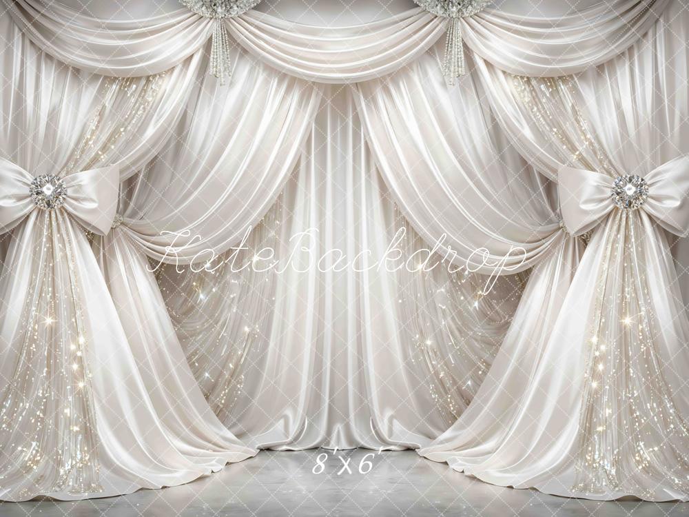 Kate Glamorous White Draped Curtains Bows Sparkle Printed Backdrop Designed by Mini MakeBelieve