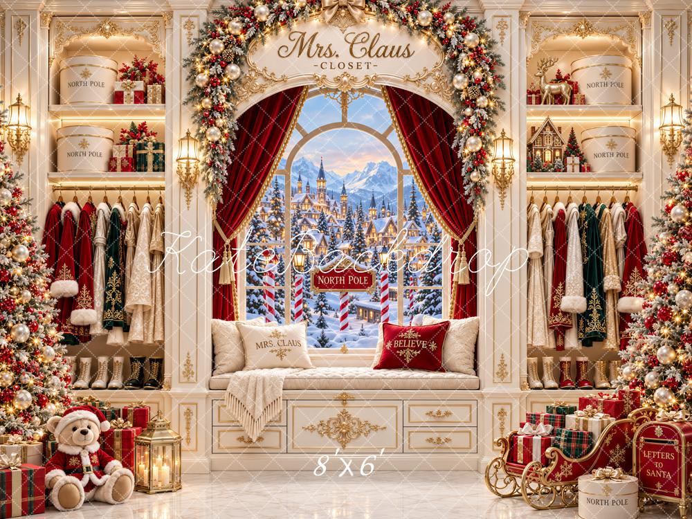 Kate Christmas Mrs. Claus Closet North Pole Window Teddy Bear Printed Backdrop Designed by Ashley Paul