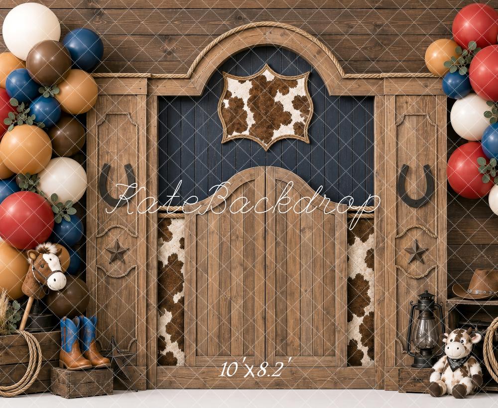Kate Birthday Western Cowboy Barn Door Balloon Garland Cowhide Printed Backdrop Designed by Shutter Swan Studios