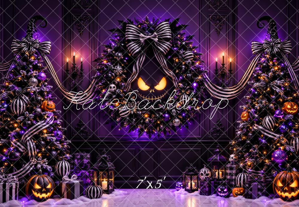 Kate Halloween Purple Christmas Trees Jack O Lantern Wreath Printed Backdrop Designed by Megan Leigh Photography