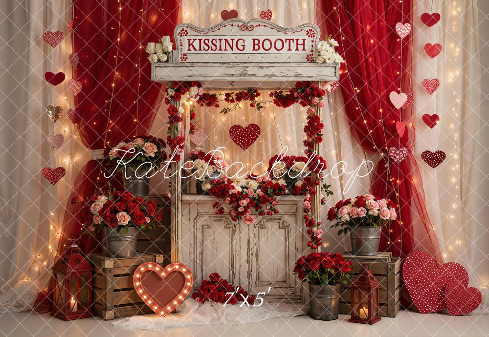 Kate Valentine's Day Red Kissing Booth Curtains Hearts Roses Printed Backdrop Designed by Emetselch