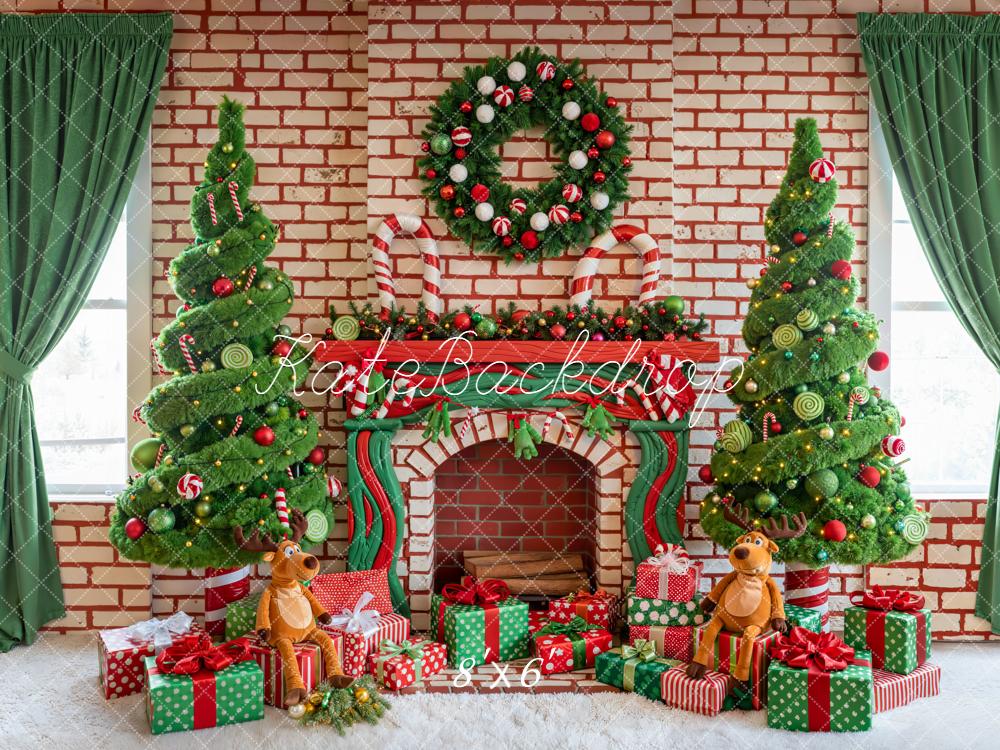Kate Christmas Fireplace Brick Wreath Tree Gifts Reindeer Plush Backdrop Designed by Emetselch