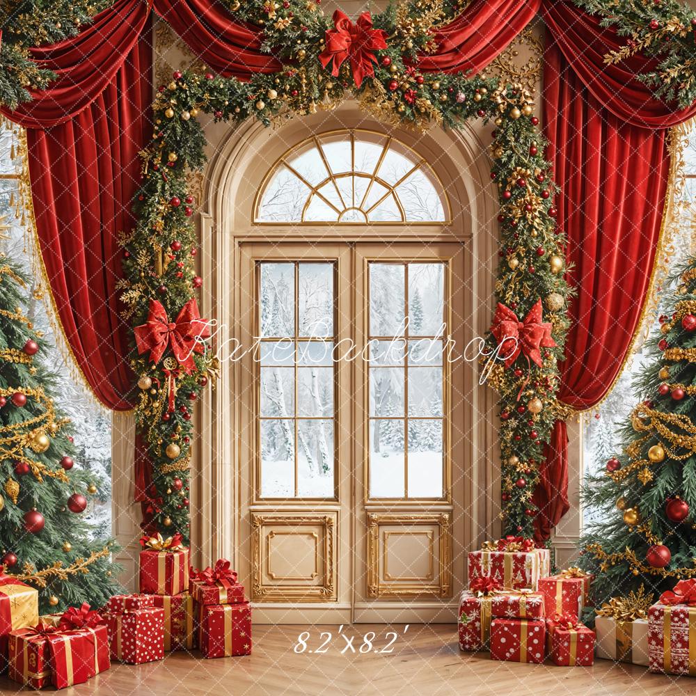 Kate Christmas Tree Red Curtain Arched Door Printed Backdrop Designed by Emetselch
