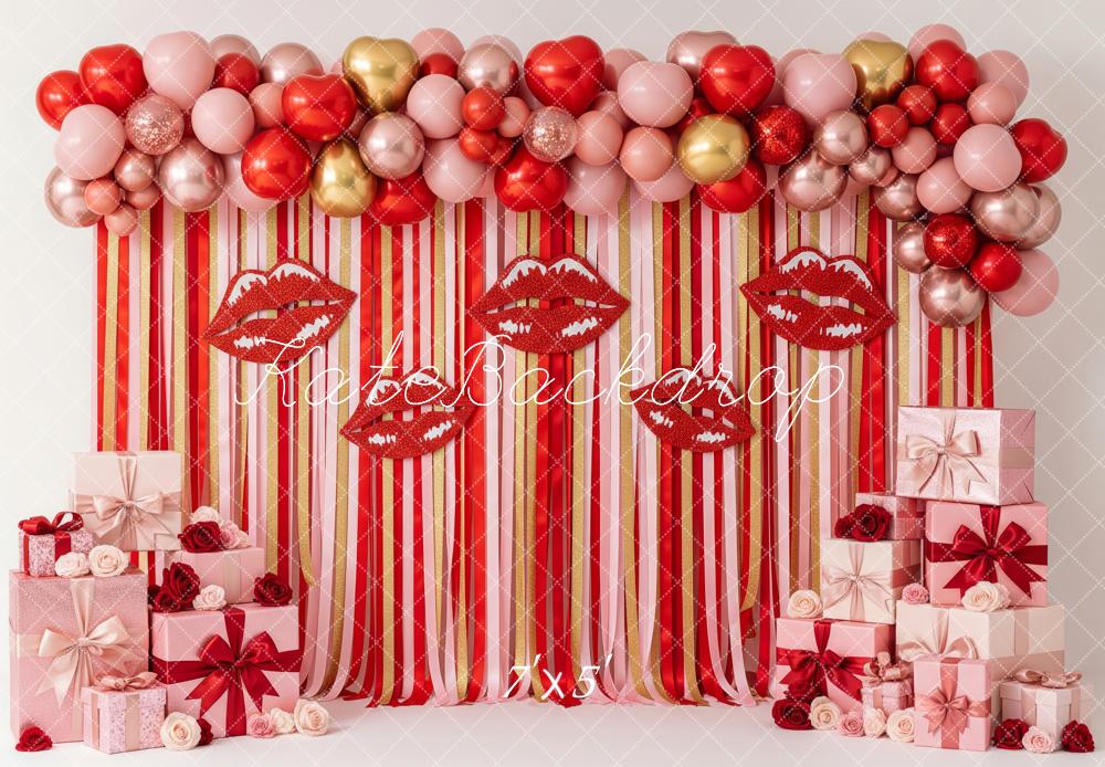 Kate Valentine's Day Red Lips Balloons Gift Boxes Striped Printed Backdrop Designed by Patty Roberts