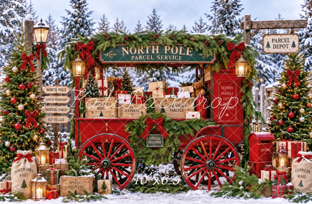 Kate Christmas North Pole Red Parcel Wagon Snowy Printed Backdrop Designed by Patty Roberts