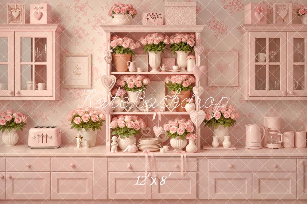 Kate Valentines Pink Kitchen Cabinet Roses Vases Heart Printed Backdrop Designed by Emetselch